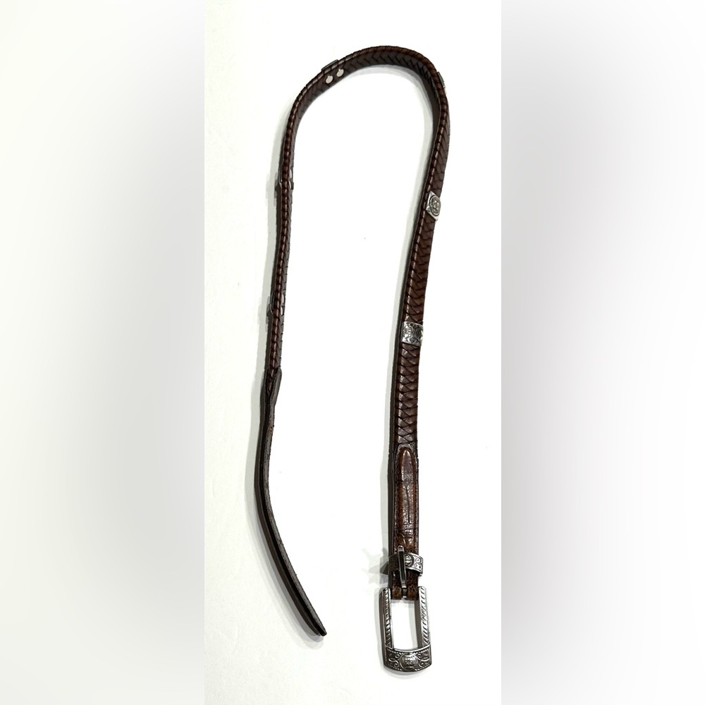 Brighton Womens Brown Braided Leather Skinny Silver Belt Size Medium M 30 - Picture 4 of 12
